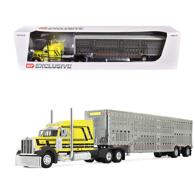 Peterbilt 379 with 63" Mid-Roof Sleeper and Wilson Silverstar Livestock Trailer "Harrison Trucking" Yellow with Black Stripes 1/64 Diecast Model by DCP/First Gear-First Gear-ModelCars.com