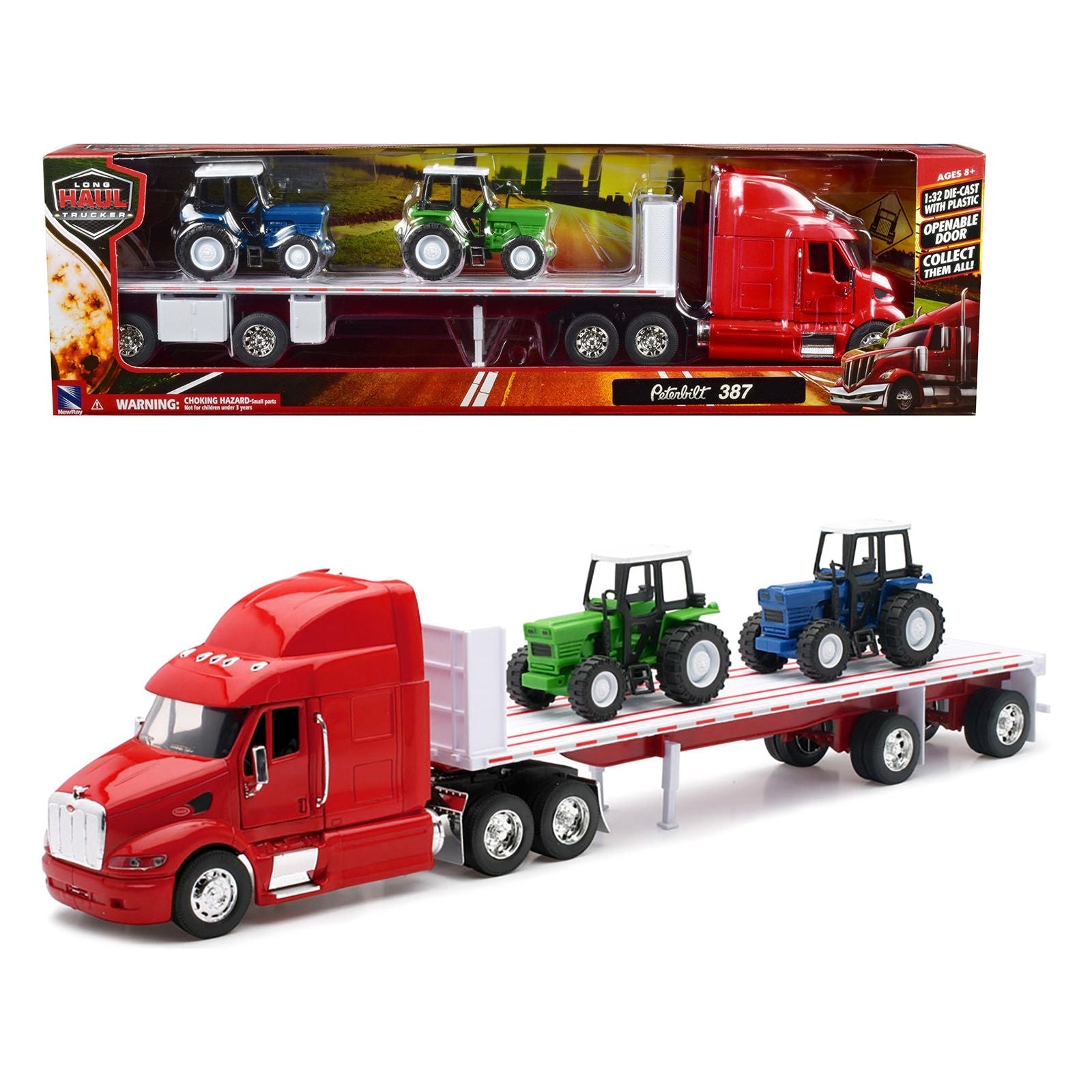 Peterbilt 387 Flatbed Truck Red with 2 Farm Tractors Blue and Green "Long Haul Trucker" Series 1/32 Diecast Model by New Ray - New Ray - ModelCars.com