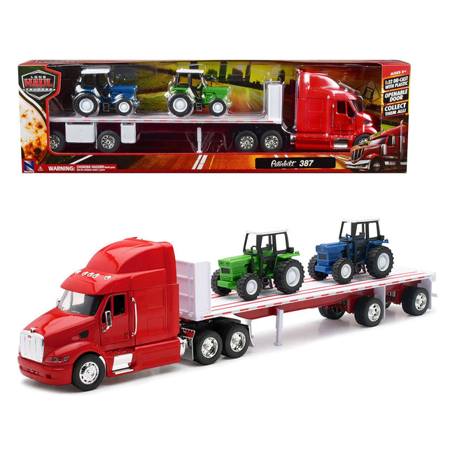 Peterbilt 387 Flatbed Truck Red with 2 Farm Tractors Blue and Green "Long Haul Trucker" Series 1/32 Diecast Model by New Ray - New Ray - ModelCars.com
