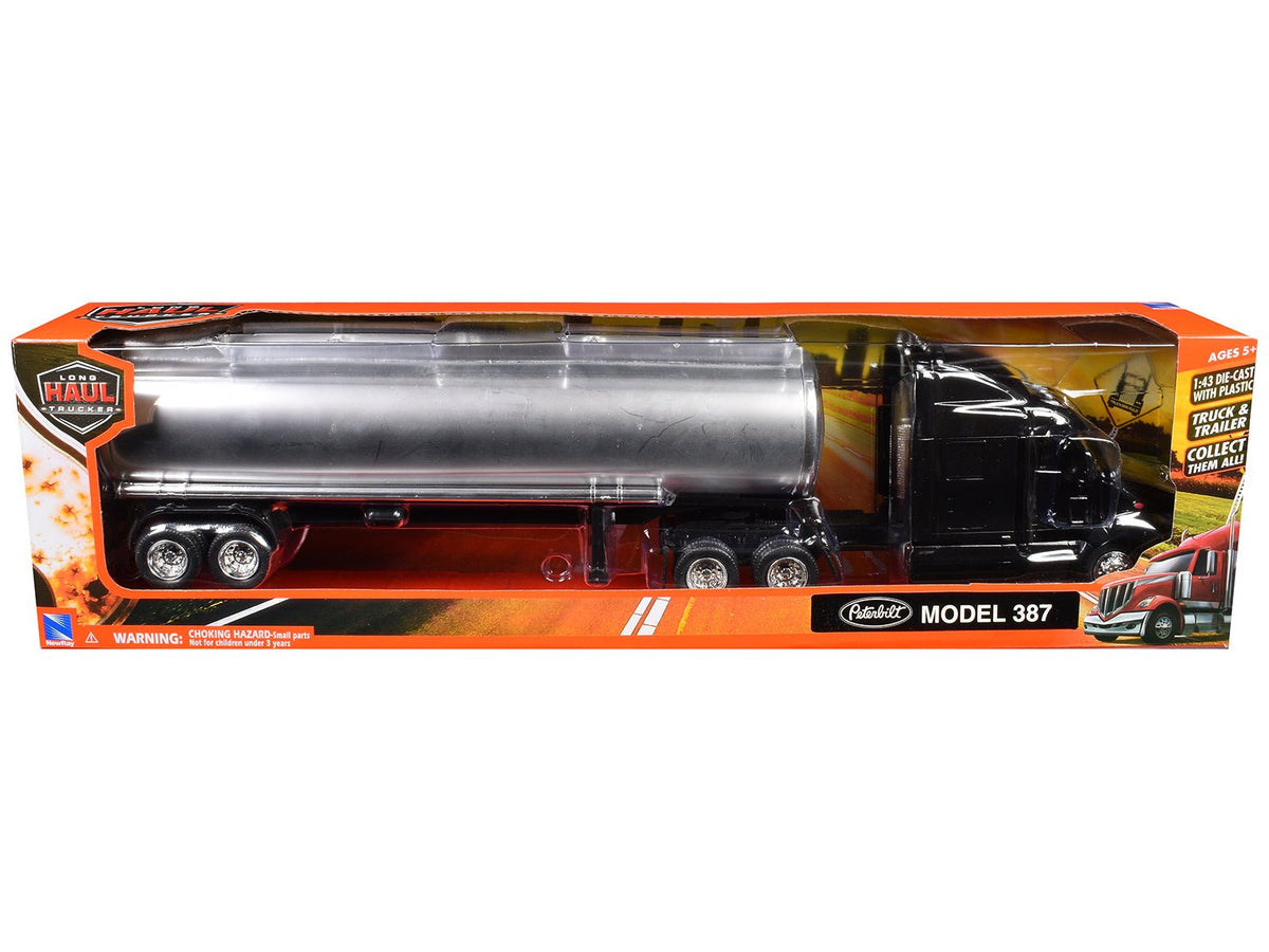 Peterbilt 387 Truck Black with Tanker Trailer Silver "Long Haul Truckers" Series 1/43 Diecast Model by New Ray-New Ray-ModelCars.com