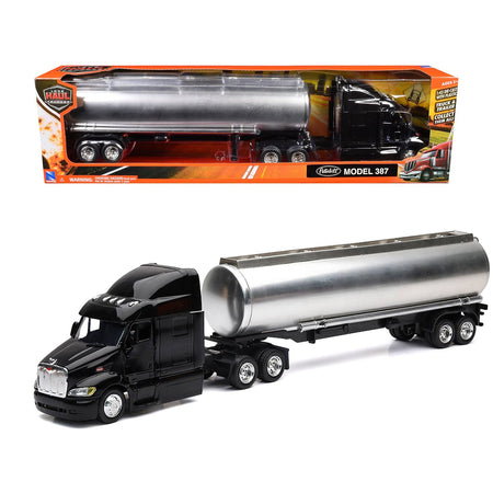 Peterbilt 387 Truck Black with Tanker Trailer Silver "Long Haul Truckers" Series 1/43 Diecast Model by New Ray-New Ray-ModelCars.com