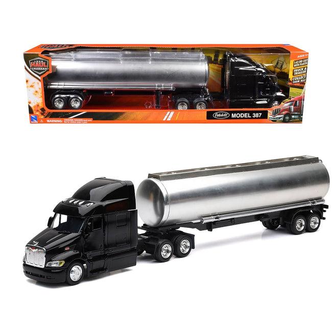 Peterbilt 387 Truck Black with Tanker Trailer Silver "Long Haul Truckers" Series 1/43 Diecast Model by New Ray-New Ray-ModelCars.com