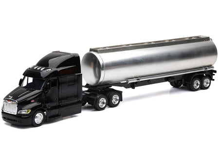Peterbilt 387 Truck Black with Tanker Trailer Silver "Long Haul Truckers" Series 1/43 Diecast Model by New Ray-New Ray-ModelCars.com