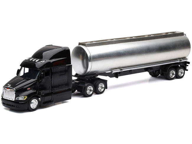 Peterbilt 387 Truck Black with Tanker Trailer Silver "Long Haul Truckers" Series 1/43 Diecast Model by New Ray-New Ray-ModelCars.com
