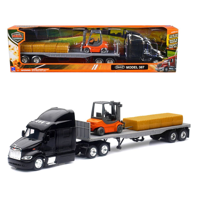 Peterbilt 387 Truck with Flatbed Trailer Black with Forklift and Hay Bales "Long Haul Trucker" Series 1/43 Diecast Model by New Ray - New Ray - ModelCars.com