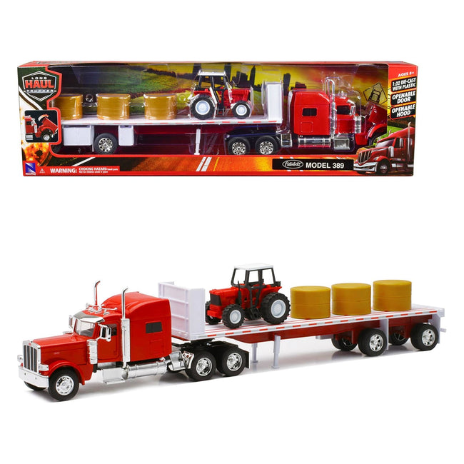 Peterbilt 389 Flatbed Truck Red with Farm Tractor Red and Hay Bales "Long Haul Trucker" Series 1/32 Diecast Model by New Ray - New Ray - ModelCars.com