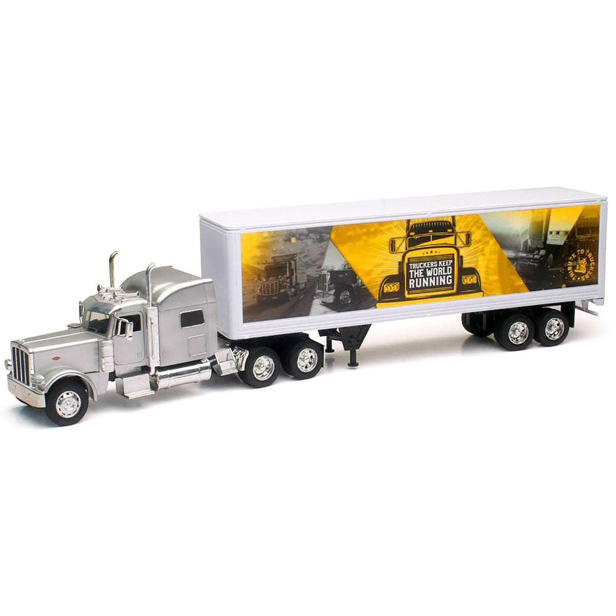 Peterbilt 389 Truck Silver Metallic with Dry Van Trailer "Trucker Keep The World Running" "Long Haul Truckers" Series 1/32 Diecast Model by New Ray - New Ray - ModelCars.com