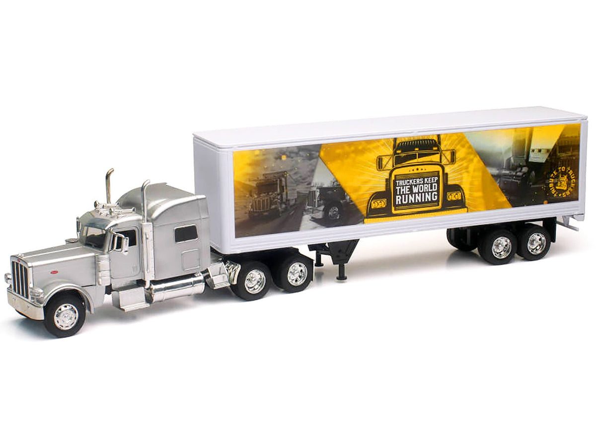 Peterbilt 389 Truck Silver Metallic with Dry Van Trailer "Trucker Keep The World Running" "Long Haul Truckers" Series 1/32 Diecast Model by New Ray-New Ray-ModelCars.com