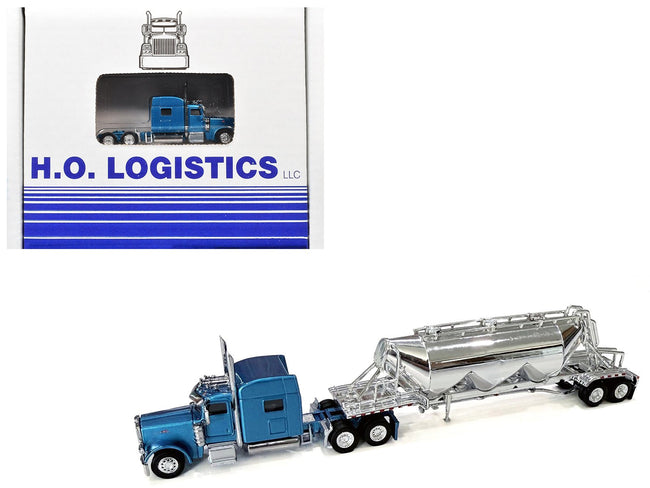Peterbilt 389 Truck Tractor with Sleeper Cab Blue Metallic and Pneumatic Tank Trailer Chrome Combo Set 1/87 (HO) Plastic Model Car by HO Logistics-HO Logistics Replicas-ModelCars.com