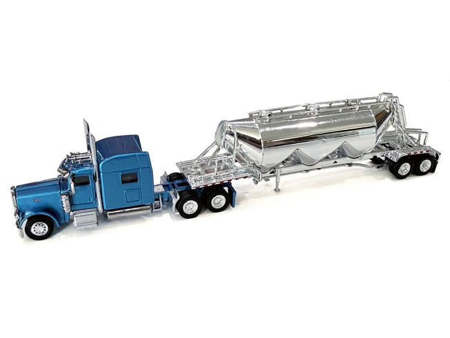 Peterbilt 389 Truck Tractor with Sleeper Cab Blue Metallic and Pneumatic Tank Trailer Chrome Combo Set 1/87 (HO) Plastic Model Car by HO Logistics-HO Logistics Replicas-ModelCars.com