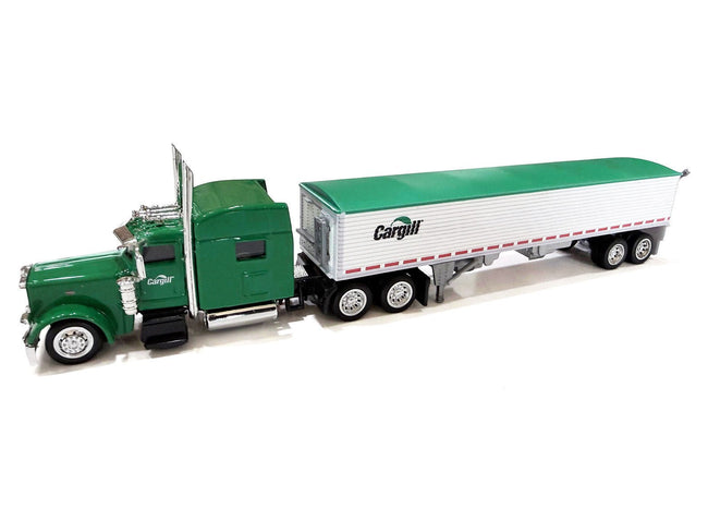 Peterbilt 389 Truck Tractor with Sleeper Cab "Cargill" Green and Covered Grain Trailer White with Green Tarp Combo Set 1/87 (HO) Plastic Model Car by HO Logistics-HO Logistics Replicas-ModelCars.com