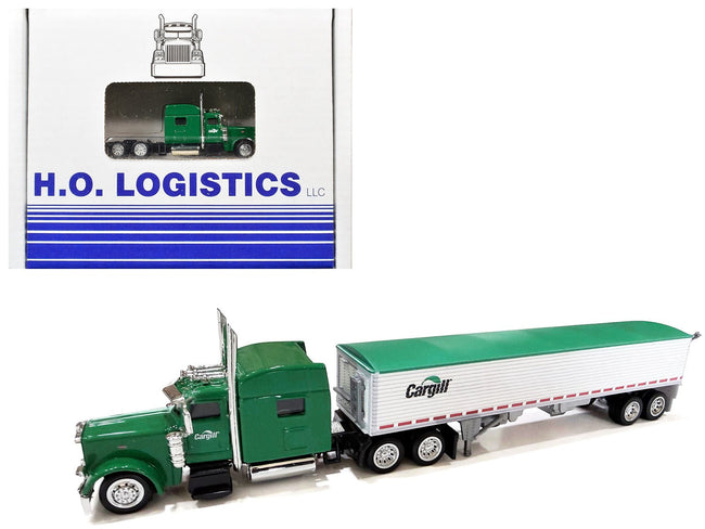 Peterbilt 389 Truck Tractor with Sleeper Cab "Cargill" Green and Covered Grain Trailer White with Green Tarp Combo Set 1/87 (HO) Plastic Model Car by HO Logistics-HO Logistics Replicas-ModelCars.com