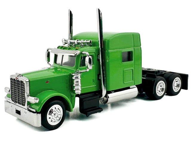 Peterbilt 389 Truck Tractor with Sleeper Cab Lime Green and Low Boy Flatbed Trailer Black Combo Set 1/87 (HO) Plastic Model Car by HO Logistics-HO Logistics Replicas-ModelCars.com