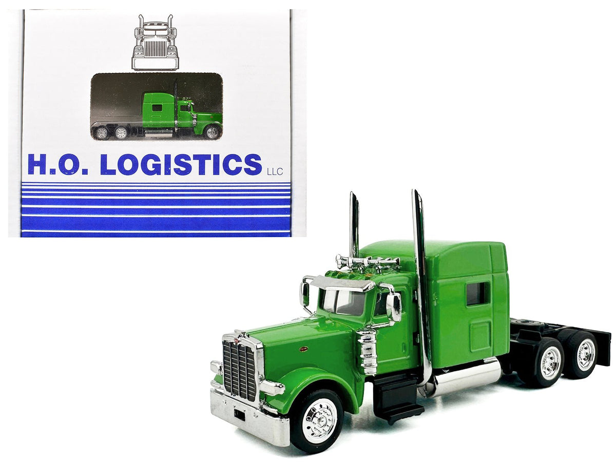 Peterbilt 389 Truck Tractor with Sleeper Cab Lime Green and Low Boy Flatbed Trailer Black Combo Set 1/87 (HO) Plastic Model Car by HO Logistics-HO Logistics Replicas-ModelCars.com
