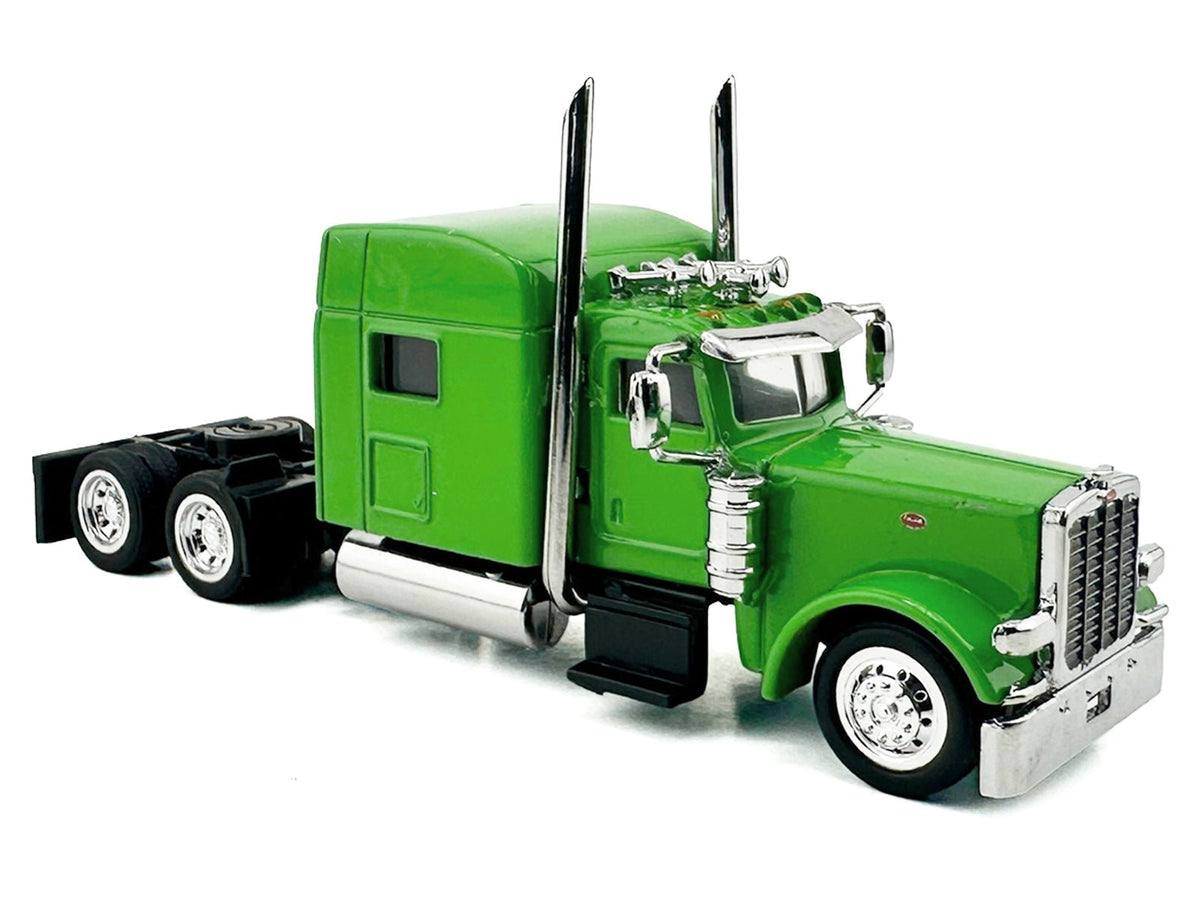 Peterbilt 389 Truck Tractor with Sleeper Cab Lime Green and Low Boy Flatbed Trailer Black Combo Set 1/87 (HO) Plastic Model Car by HO Logistics-HO Logistics Replicas-ModelCars.com