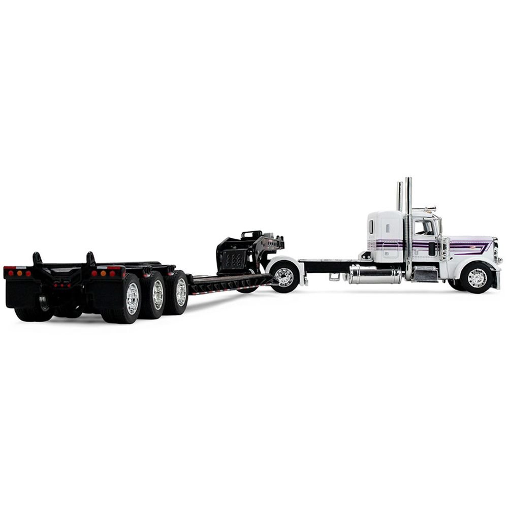 Peterbilt 389 with 36" Flat Top Sleeper and Fontaine Magnitude Lowboy Trailer White with Black Stripes 1/64 Diecast Model by DCP/First Gear-First Gear-ModelCars.com