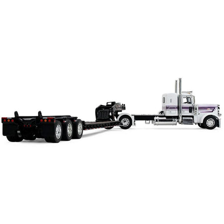 Peterbilt 389 with 36" Flat Top Sleeper and Fontaine Magnitude Lowboy Trailer White with Black Stripes 1/64 Diecast Model by DCP/First Gear-First Gear-ModelCars.com