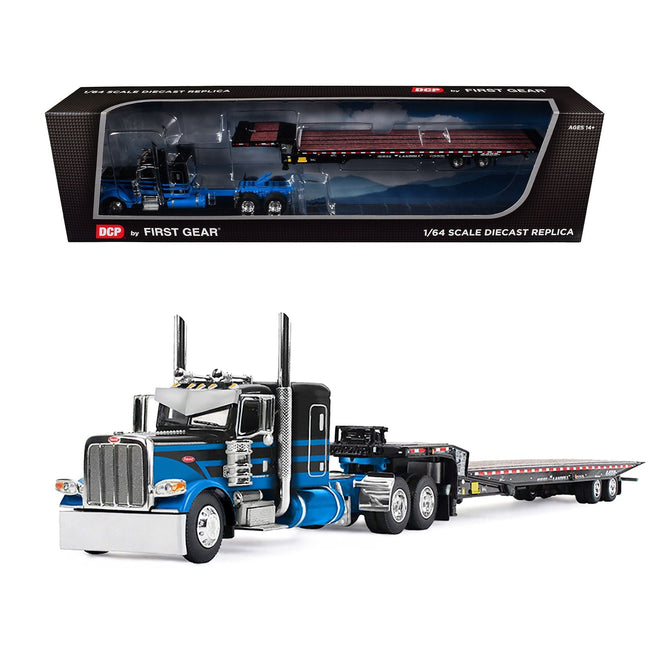 Peterbilt 389 with 48" Flat Top Sleeper and Landoll 440B-50CA Traveling Axle Trailer Black with Blue Stripes 1/64 Diecast Model by DCP/First Gear-First Gear-ModelCars.com