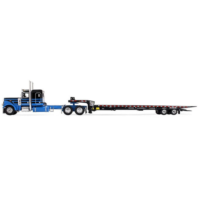 Peterbilt 389 with 48" Flat Top Sleeper and Landoll 440B-50CA Traveling Axle Trailer Black with Blue Stripes 1/64 Diecast Model by DCP/First Gear-First Gear-ModelCars.com