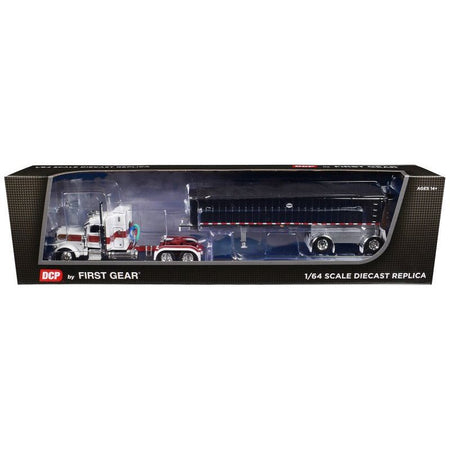 Peterbilt 389 with 48" Mid - Roof Sleeper and MAC Coal End Dump Trailer White with Red and Gold Stripes 1/64 Diecast Model by DCP/First Gear - First Gear - ModelCars.com