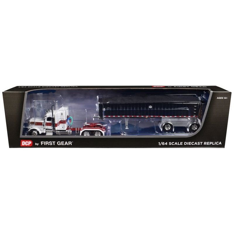 Peterbilt 389 with 48" Mid-Roof Sleeper and MAC Coal End Dump Trailer White with Red and Gold Stripes 1/64 Diecast Model by DCP/First Gear-First Gear-ModelCars.com