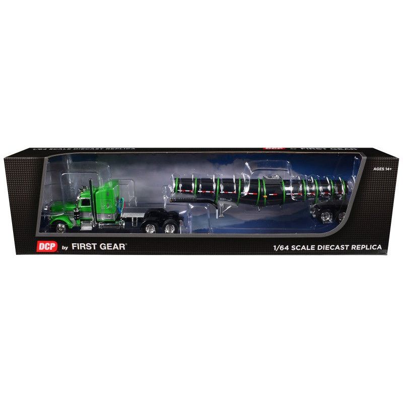 Peterbilt 389 with 48" Mid - Roof Sleeper and Polar Deep Drop Trailer Green and Silver 1/64 Diecast Model by DCP/First Gear - First Gear - ModelCars.com