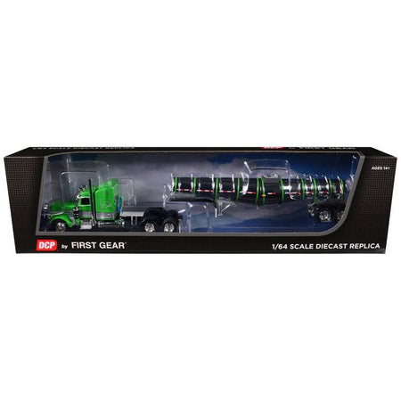 Peterbilt 389 with 48" Mid - Roof Sleeper and Polar Deep Drop Trailer Green and Silver 1/64 Diecast Model by DCP/First Gear - First Gear - ModelCars.com