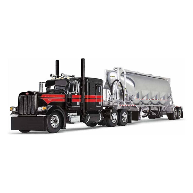 Peterbilt 389 with 63" Flat Top Sleeper and J&L Pneumatic Tank Trailer Black with Red Stripes 1/64 Diecast Model by DCP/First Gear - First Gear - ModelCars.com