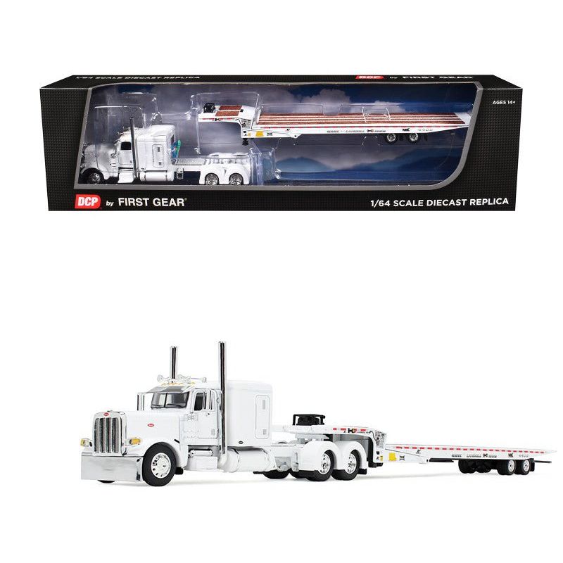 Peterbilt 389 with 63" Flat Top Sleeper and Landoll 440B50CA Traveling Axle Trailer White 1/64 Diecast Model by DCP/First Gear - First Gear - ModelCars.com