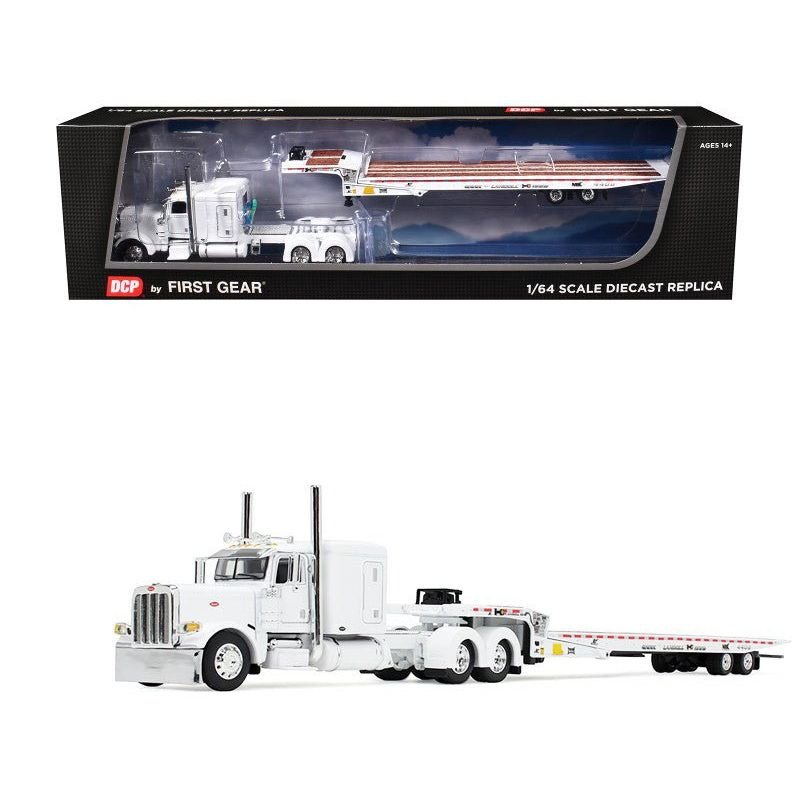 Peterbilt 389 with 63" Flat Top Sleeper and Landoll 440B50CA Traveling Axle Trailer White 1/64 Diecast Model by DCP/First Gear-First Gear-ModelCars.com