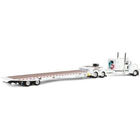 Peterbilt 389 with 63" Flat Top Sleeper and Landoll 440B50CA Traveling Axle Trailer White 1/64 Diecast Model by DCP/First Gear-First Gear-ModelCars.com