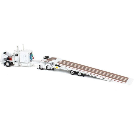 Peterbilt 389 with 63" Flat Top Sleeper and Landoll 440B50CA Traveling Axle Trailer White 1/64 Diecast Model by DCP/First Gear-First Gear-ModelCars.com