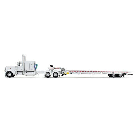 Peterbilt 389 with 63" Flat Top Sleeper and Landoll 440B50CA Traveling Axle Trailer White 1/64 Diecast Model by DCP/First Gear-First Gear-ModelCars.com