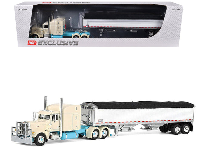Peterbilt 389 with 63" Mid-Roof Sleeper and 43' Wilson Pacesetter High Sided Grain Trailer "Capitola Trucking" Cream 1/64 Diecast Model by DCP/First Gear-First Gear-ModelCars.com