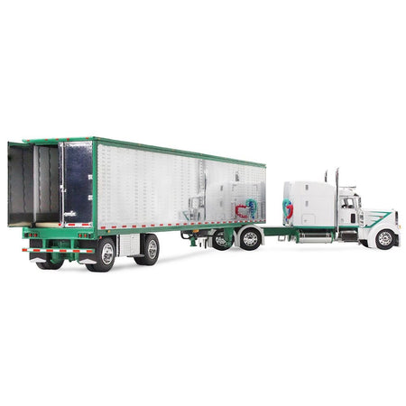 Peterbilt 389 with 63" Mid-Roof Sleeper and 53' Utility Trailer White with Green Stripes 1/64 Diecast Model by DCP/First Gear-First Gear-ModelCars.com