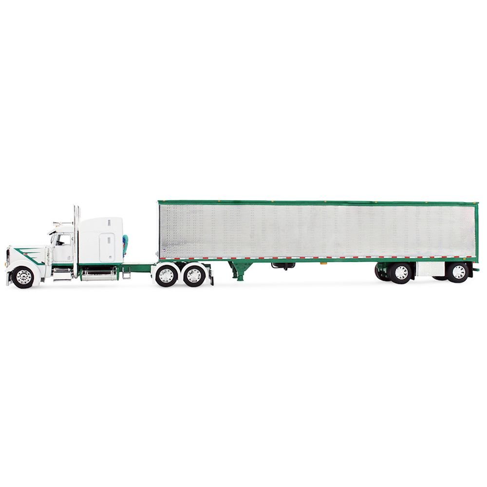 Peterbilt 389 with 63" Mid-Roof Sleeper and 53' Utility Trailer White with Green Stripes 1/64 Diecast Model by DCP/First Gear-First Gear-ModelCars.com