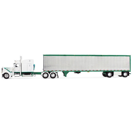 Peterbilt 389 with 63" Mid-Roof Sleeper and 53' Utility Trailer White with Green Stripes 1/64 Diecast Model by DCP/First Gear-First Gear-ModelCars.com