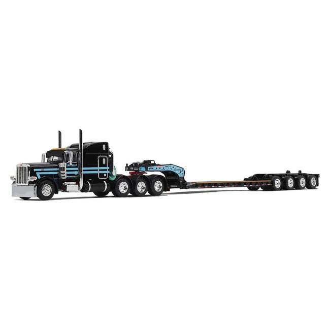 Peterbilt 389 with 63" Mid - Roof Sleeper and Fontaine Magnitude Lowboy Trailer with Flip Axle Black with Light Blue Stripes "Cappello Heavy Transport" 1/64 Diecast Model by DCP/First Gear - First Gear - ModelCars.com
