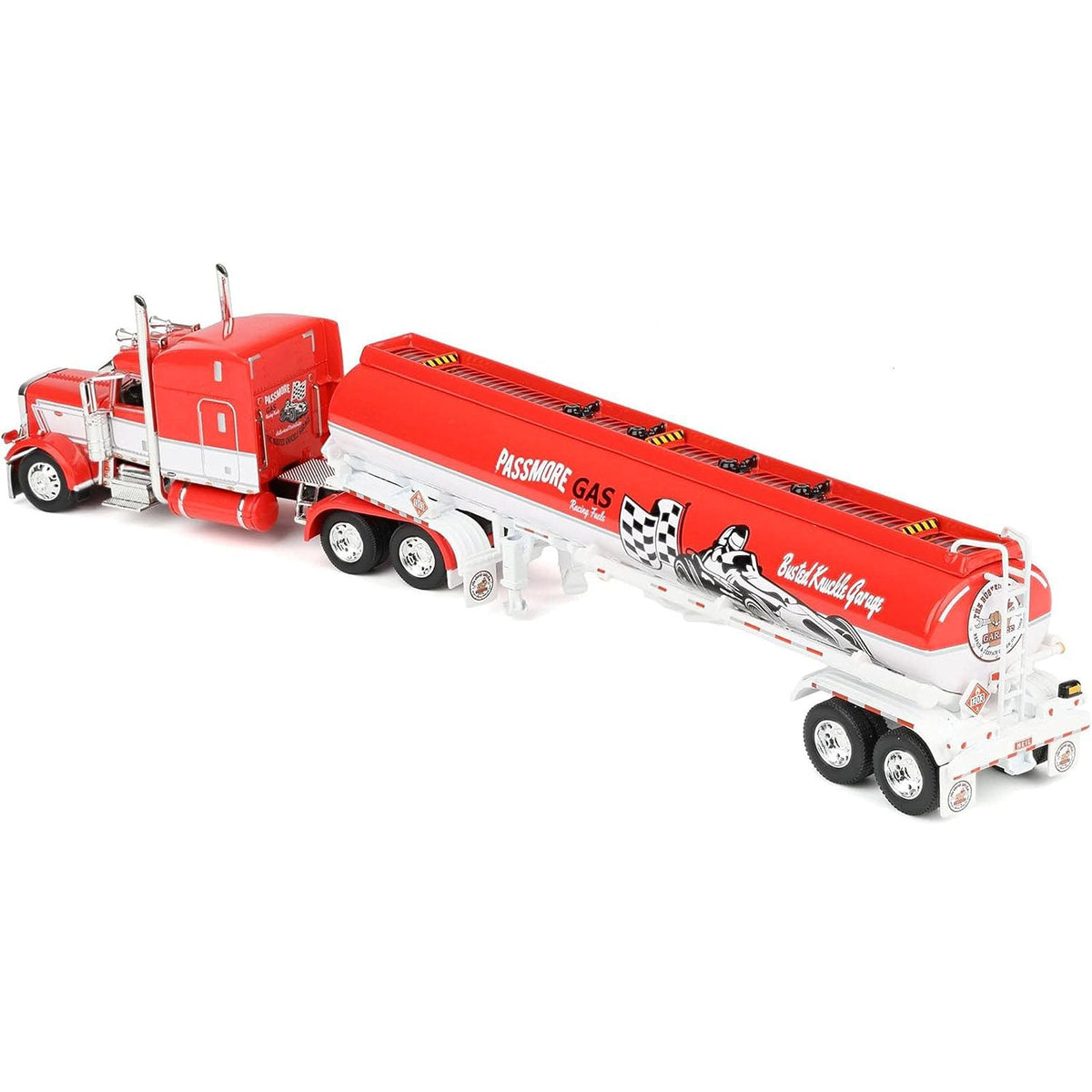 Peterbilt 389 with 63" Mid-Roof Sleeper and Heil Fuel Tank Trailer "Busted Knuckle Garage" Red and White 1/64 Diecast Model by DCP/First Gear-First Gear-ModelCars.com