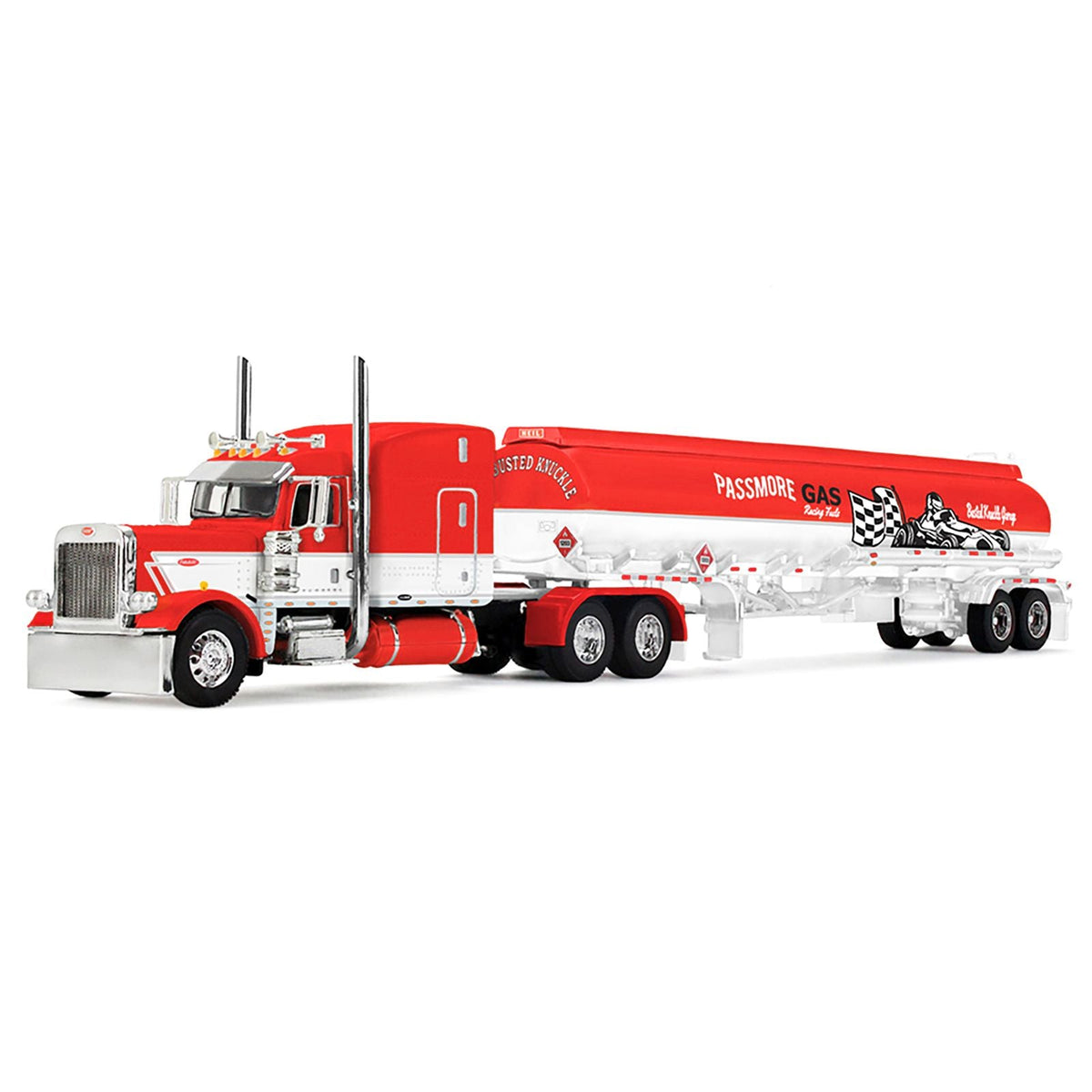 Peterbilt 389 with 63" Mid-Roof Sleeper and Heil Fuel Tank Trailer "Busted Knuckle Garage" Red and White 1/64 Diecast Model by DCP/First Gear-First Gear-ModelCars.com