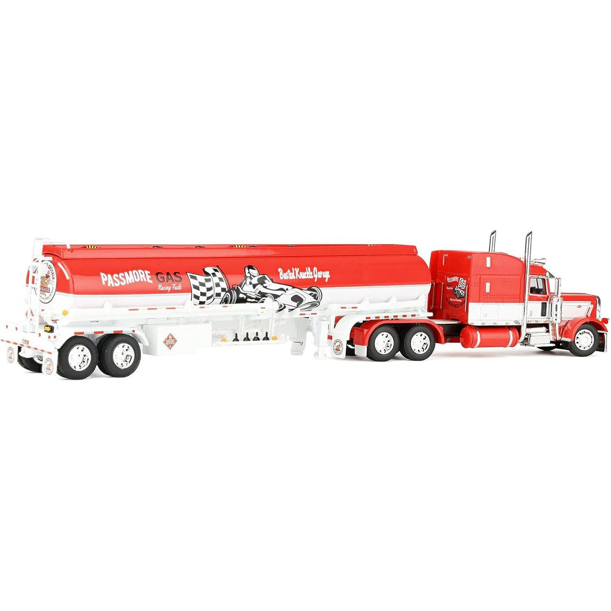 Peterbilt 389 with 63" Mid-Roof Sleeper and Heil Fuel Tank Trailer "Busted Knuckle Garage" Red and White 1/64 Diecast Model by DCP/First Gear-First Gear-ModelCars.com