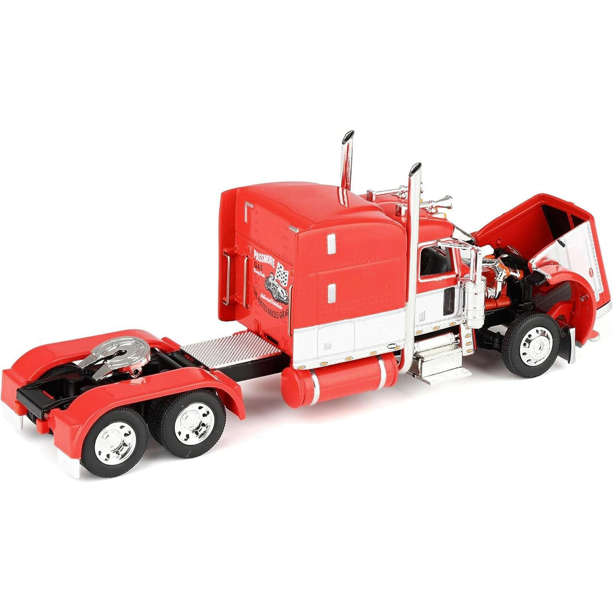 Peterbilt 389 with 63" Mid-Roof Sleeper and Heil Fuel Tank Trailer "Busted Knuckle Garage" Red and White 1/64 Diecast Model by DCP/First Gear-First Gear-ModelCars.com
