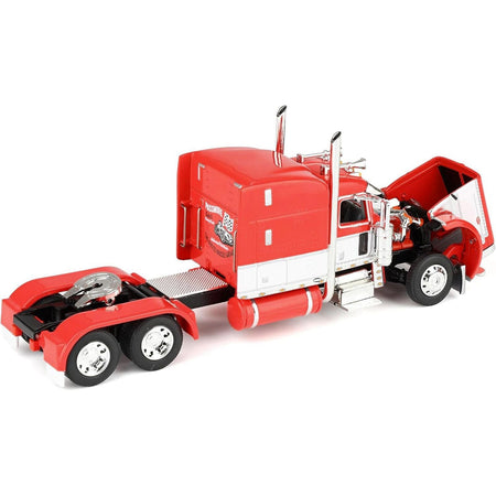 Peterbilt 389 with 63" Mid-Roof Sleeper and Heil Fuel Tank Trailer "Busted Knuckle Garage" Red and White 1/64 Diecast Model by DCP/First Gear-First Gear-ModelCars.com