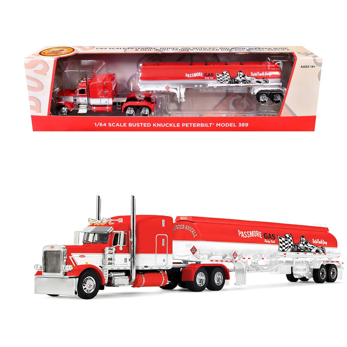 Peterbilt 389 with 63" Mid-Roof Sleeper and Heil Fuel Tank Trailer "Busted Knuckle Garage" Red and White 1/64 Diecast Model by DCP/First Gear-First Gear-ModelCars.com
