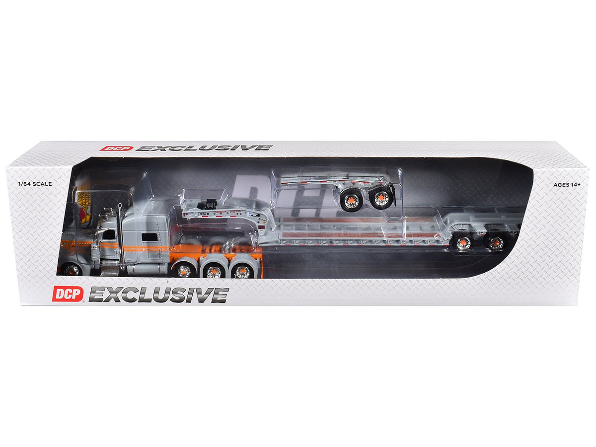Peterbilt 389 with 70" Mid-Roof Sleeper and Fontaine Magnitude Tri-Axle Lowboy Trailer with Jeep "Capitola Trucking" Gray with Orange Stripes 1/64 Diecast Model by DCP/First Gear-First Gear-ModelCars.com
