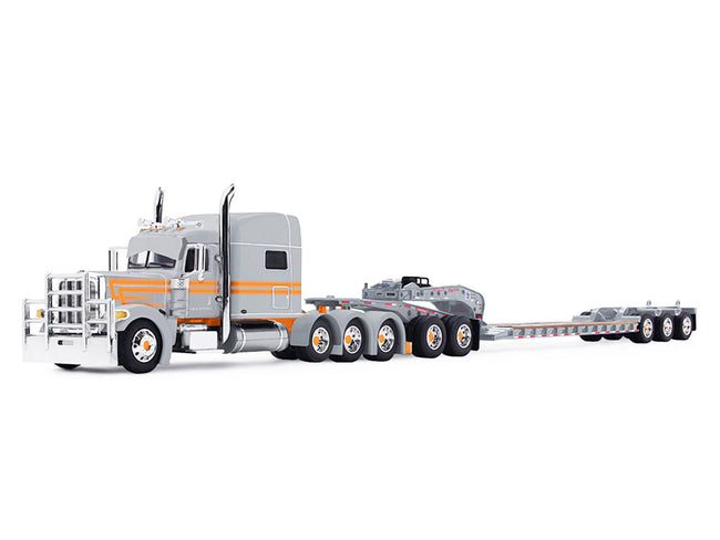 Peterbilt 389 with 70" Mid-Roof Sleeper and Fontaine Magnitude Tri-Axle Lowboy Trailer with Jeep "Capitola Trucking" Gray with Orange Stripes 1/64 Diecast Model by DCP/First Gear-First Gear-ModelCars.com