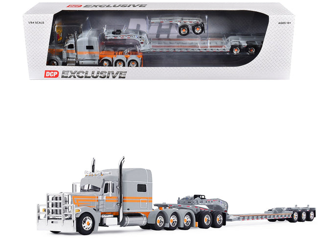 Peterbilt 389 with 70" Mid-Roof Sleeper and Fontaine Magnitude Tri-Axle Lowboy Trailer with Jeep "Capitola Trucking" Gray with Orange Stripes 1/64 Diecast Model by DCP/First Gear-First Gear-ModelCars.com