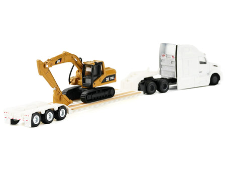 Peterbilt 579 Tractor White with Lowboy Trailer and CAT 315C Excavator Yellow 1/87 (HO) Diecast Model by Diecast Masters-Diecast Masters-ModelCars.com