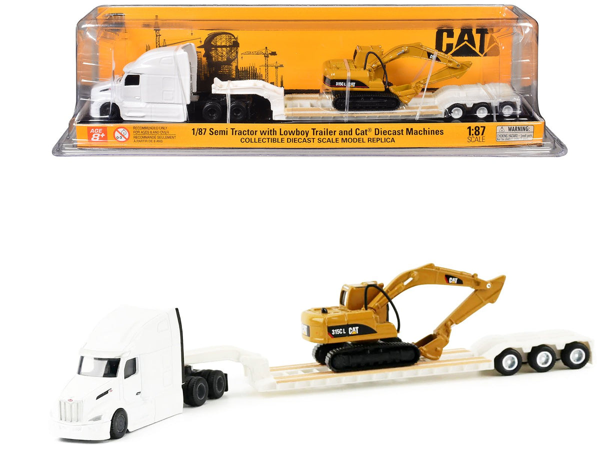 Peterbilt 579 Tractor White with Lowboy Trailer and CAT 315C Excavator Yellow 1/87 (HO) Diecast Model by Diecast Masters-Diecast Masters-ModelCars.com