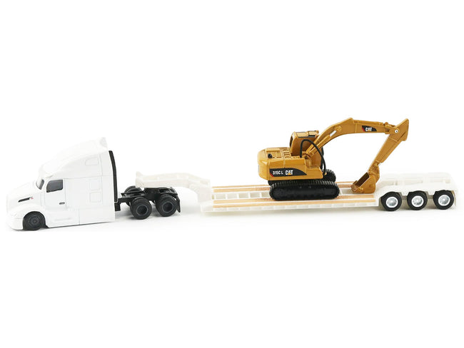 Peterbilt 579 Tractor White with Lowboy Trailer and CAT 315C Excavator Yellow 1/87 (HO) Diecast Model by Diecast Masters-Diecast Masters-ModelCars.com